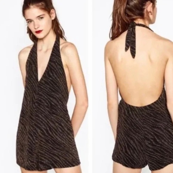 Zara Black and Gold Jumpsuit with Halter Neckline - Picture 1 of 9